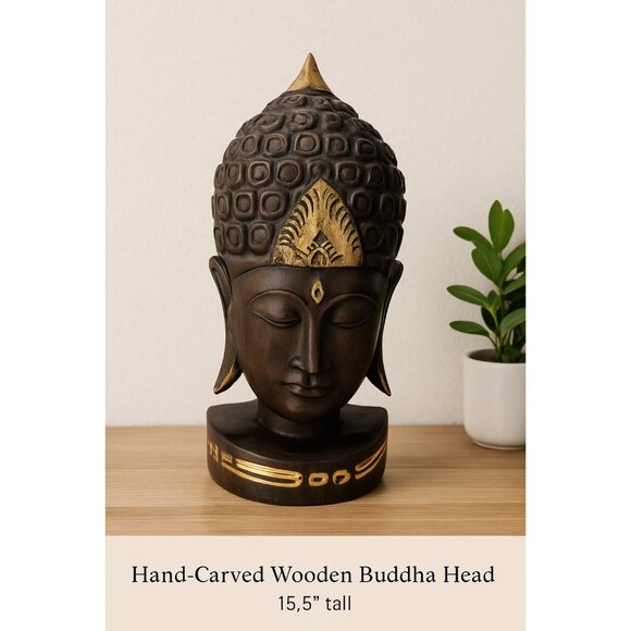 Vintage Early 2000s Hand-Carved Wooden Buddha Head Sculpture – Dark Brown & Gold - Picture 5 of 5